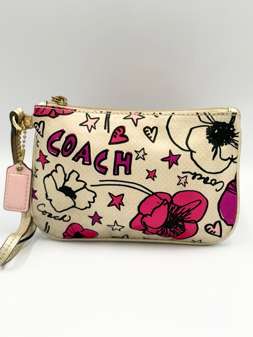 Coach Cream Wristlet with Pink Floral Graffiti